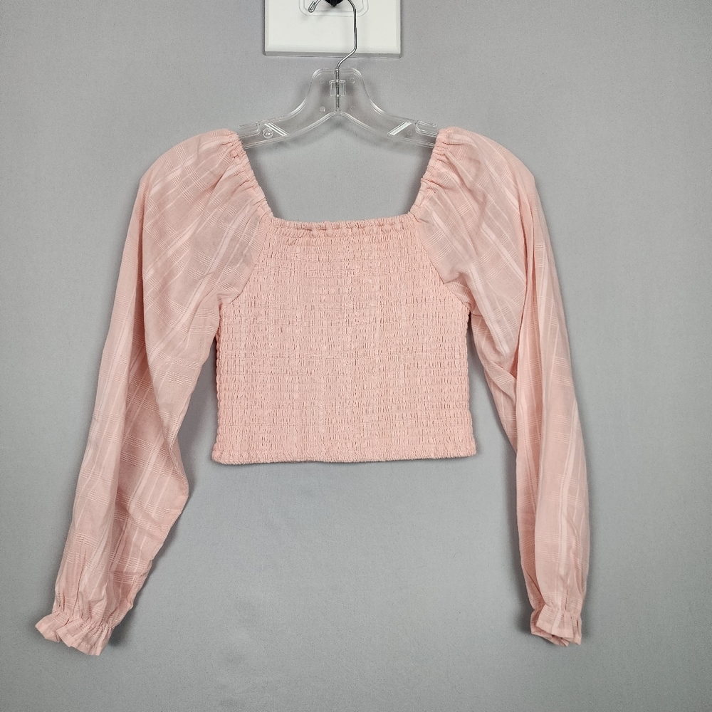 Chelsea & Violet Pink Crop Top Smocked With Long Sleeves Sz Girls Large